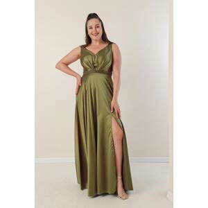 By Saygı V-Neck Plus Size Satin Dress with Thick Straps and Beaded Lined Waist