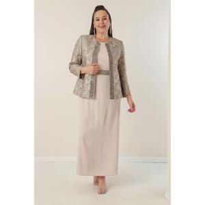 By Saygı Long Sleeve Crepe Dress With Beaded Waist Beads and Jacquard Lined Jacket Plus Size 2-Piece Suit