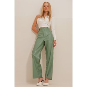 Trend Alaçatı Stili Women's Green Double Pocket Palazzo Leather Trousers