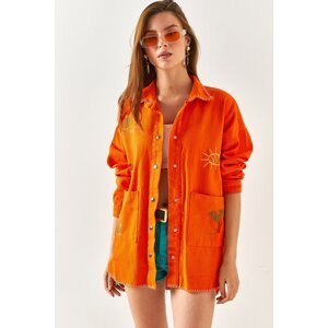 Olalook Women's Orange Oversized Cotton Shirt Jacket with Stitching and Embroidery Detailed Pockets