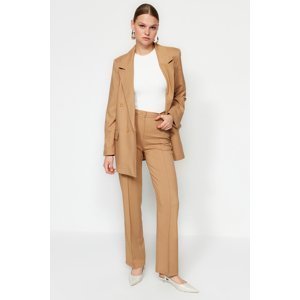 Trendyol Beige High Waist Straight/Straight Fit Ribbed Woven Trousers