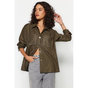 Trendyol Khaki Double Pocket Oversize/Wrap Suede Woven Shirt