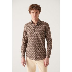 Avva Men's Brown Abstract Patterned 100% Cotton Slim Fit Slim Fit Shirt