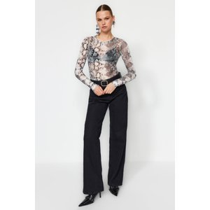 Trendyol Brown Printed Fitted/Sticky Tulle Stretch Knit Blouse