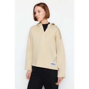 Trendyol Stone Thick Fleece Inside Label Detail Hooded Oversized/Wide Knitted Sweatshirt