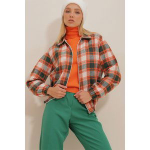 Trend Alaçatı Stili Women's Orange Patterned Zippered Seasonal Bomber Jacket with Elastic Waist