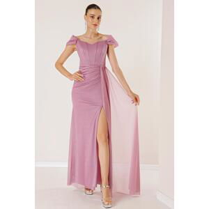 By Saygı Low Sleeve Front Draped Lined Underwire Long Silvery Dress