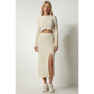 Happiness İstanbul Women's Cream Ribbed Crop Skirt Knitwear Suit