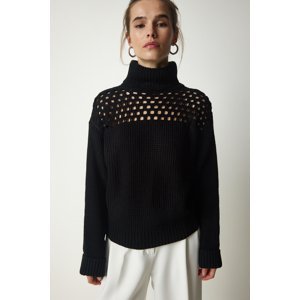 Happiness İstanbul Women's Black Turtleneck Sweater With Openwork Knitwear
