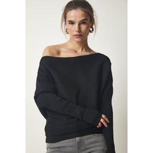 Happiness İstanbul Women's Black Asymmetrical Collar Corduroy Sweater