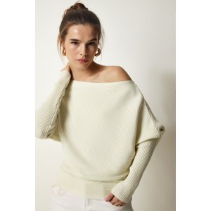 Happiness İstanbul Women's Cream Asymmetrical Collar Corduroy Sweater