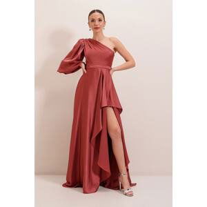 By Saygı Single Sleeve Flounce Front Lined Crepe Satin Long Dress Dark Powder