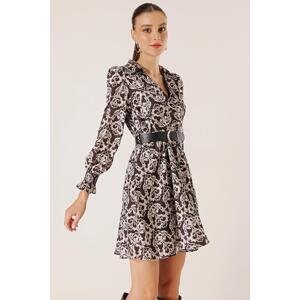 By Saygı Double Breasted Polo Neck Lined Waist Belt Ethnic Patterned Satin Dress