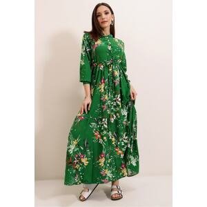 By Saygı Green Colored Floral Long Viscose Dress With Front Buttoned Tie Waist