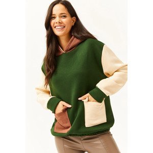 Olalook Women's Emerald Beige Color Block Fleece Inner Sweatshirt