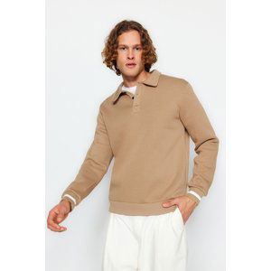 Trendyol Mink Men's Oversize Buttoned Polo Collar with Striped Sleeves, Fleece Inner Sweatshirt.