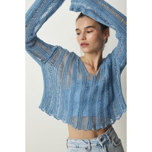 Happiness İstanbul Women's Light Blue V-Neck Ripped Detail Seasonal Crop Knitwear Sweater