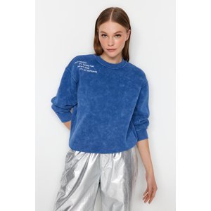 Trendyol Indigo Antiqued/Faded Effect Thick Fleece Inside Regular Fit Embroidery Knitted Sweatshirt