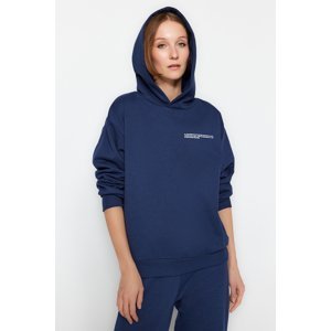 Trendyol Navy Blue More Sustainable Thick Fleece Inside Regular Hoodie, Printed Knitted Sweatshirt