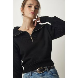 Happiness İstanbul Women's Black Zippered Polo Neck Knitwear Sweater