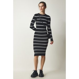 Happiness İstanbul Women's Black Ribbed Striped Wrap Sweater Dress