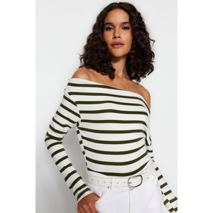Trendyol Khaki White Striped Premium Soft Fabric Fitted Boat Neck Stretchy Knitted Blouse