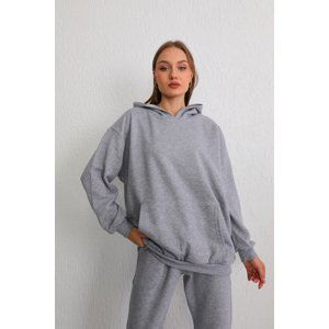 BİKELİFE Women's Gray Oversize Raised Three Thread Hooded Sweatshirt