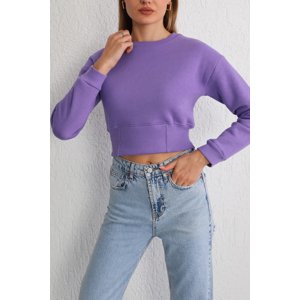 BİKELİFE Women's Lilac Waist Band Detail Fleece Knitted Sweatshirt Crop