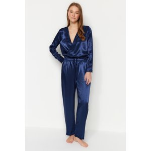 Trendyol Navy Blue Double Breasted Collar Waist Detail Satin Woven Pajamas Set