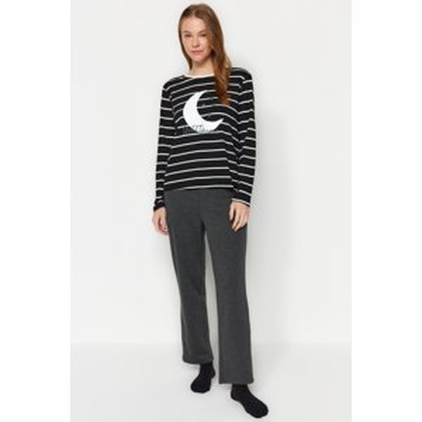 Trendyol Black-Anthracite Striped Printed Tshirt-Pants Knitted Pajamas Set
