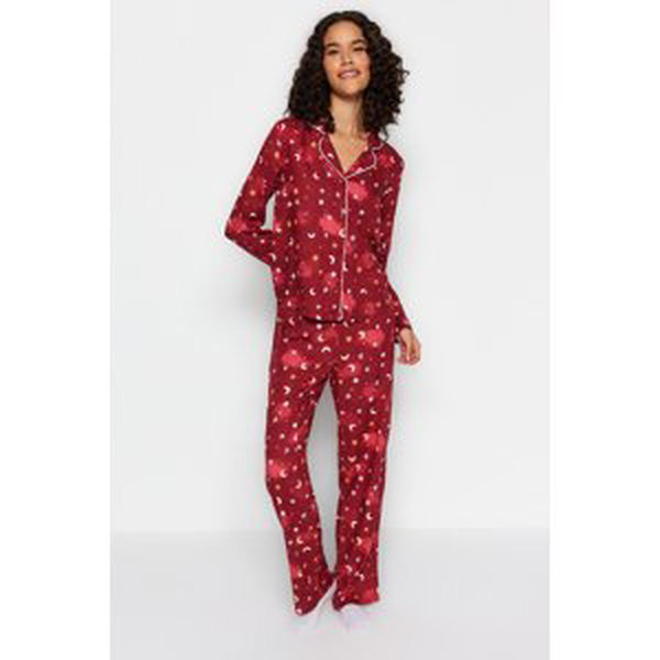Trendyol Burgundy Galaxy Patterned Shirt-Pants Woven Pajamas Set