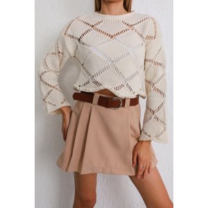 BİKELİFE Women's White Hole Detail Spanish Sleeve Crop Knitwear Sweater