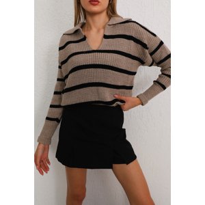 BİKELİFE Women's Mink Polo Neck Striped Thick Knitwear Sweater