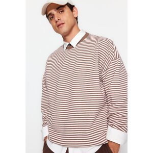 Trendyol Brown-Powder Striped Men's Oversize/Wide Cut Cotton Sweatshirt with Fleece Inside Thick Label