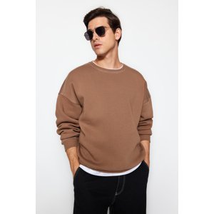 Trendyol Men's Brown Oversize Stitching Detail Sweatshirt with Fleece Inside.