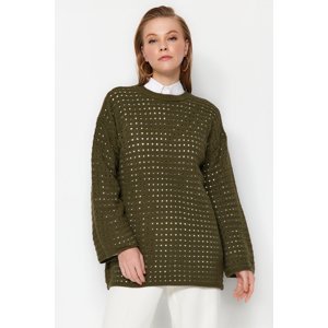 Trendyol Khaki Comfortable Cut Openwork/Hole Knitted Sweater