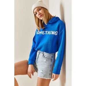 XHAN Blue Hooded & Text Crop Sweatshirt