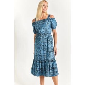 armonika Women's Ice Blue Patterned Dress with Elastic Waist and Straps