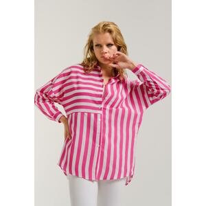 armonika Women's Fuchsia Asymmetrical Striped Overszie Long Basic Shirt