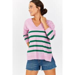 armonika Women's Pink V-Neck Striped Short Front Long Back Sweater