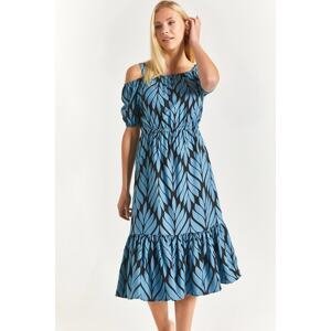 armonika Women's Light Blue Patterned Dress with Elastic Waist Straps,