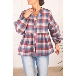 armonika Women's Blue Plaid Patterned Stamped Shirt with Smocking Six Sleeves