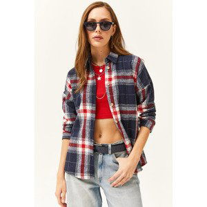 Olalook Women's Navy Blue Red Plaid Lumberjack Shirt