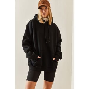 XHAN Black Oversize Ribbed Hooded Sweatshirt