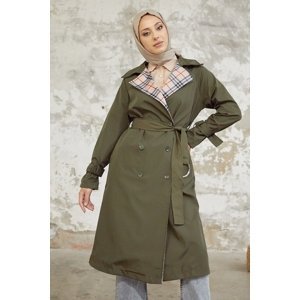 InStyle Eleta Double Breasted Collar Checked Trench Coat - Khaki
