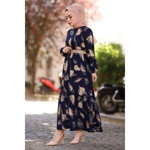 InStyle Brush Patterned Hijab Dress with a Belt - Navy Blue
