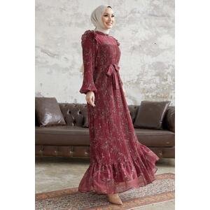 InStyle Aspenya Pleated Chiffon Dress with Ruffles on the Shoulders - Claret Red