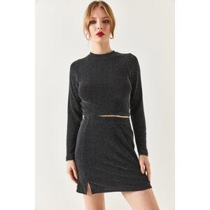 armonika Women's Sequined Sequins Lined Mini Skirt with a Slit in the Front.