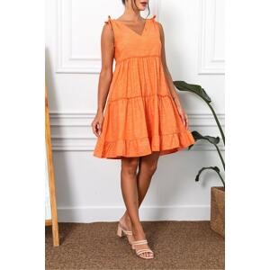 armonika Women's Orange V-Neck Ruffled Sleeveless Plunging Shoulder Dress