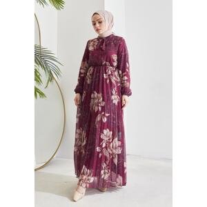 InStyle Serena Floral Print Pleated Chiffon Hijab Dress - Plum
